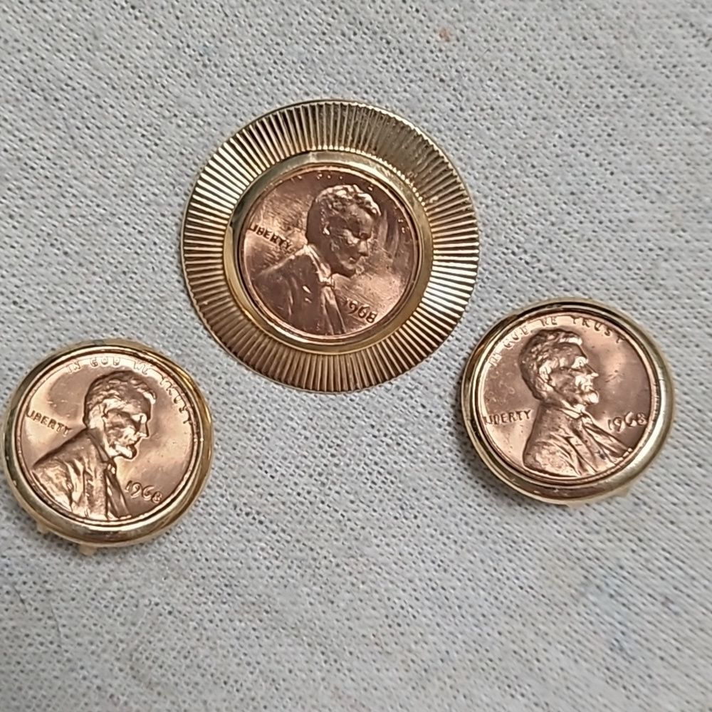 Vintage Bergere 1968 MCM Lincoln Penny Signed Brooch Earrings Set